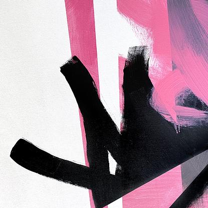 Large painting, a crisp abstract of white, pink, with black tones.