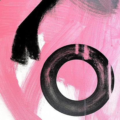 Large painting, a crisp abstract of white, pink, with black tones.