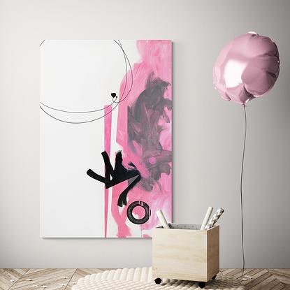 Large painting, a crisp abstract of white, pink, with black tones.