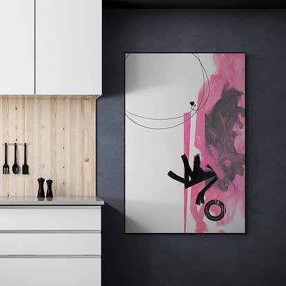 Large painting, a crisp abstract of white, pink, with black tones.