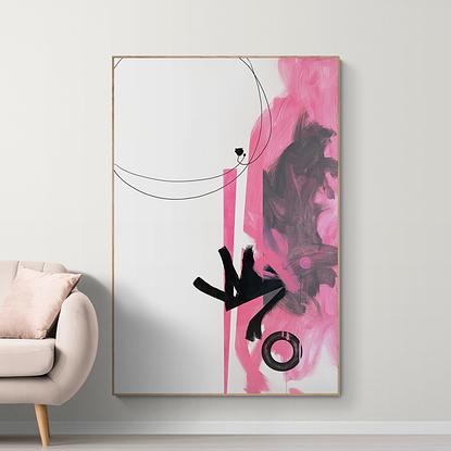 Large painting, a crisp abstract of white, pink, with black tones.