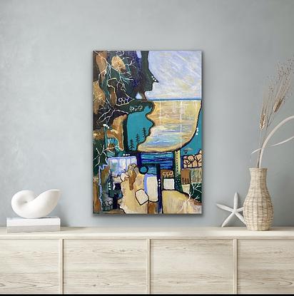 Turquoise, blues, ochre and sandy gold,… What are the elements of our coast?  This painting suggests the  salty bushes, rocky shores, calm seas and sandy beaches that are so essential to the Australian lifestyle but in a new and deconstructed view. 