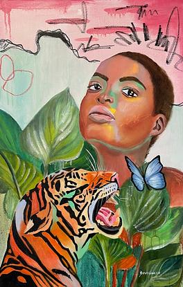 The painting is of a beautiful woman surrounded by life. The tiger and butterfly signify  the dimorphic esscence of freedom and peace