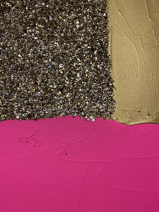 Big bold blocks of rainbow colours slathered on which surround a square of chunky gold glitter and highlighted with a touch of fluro pink.