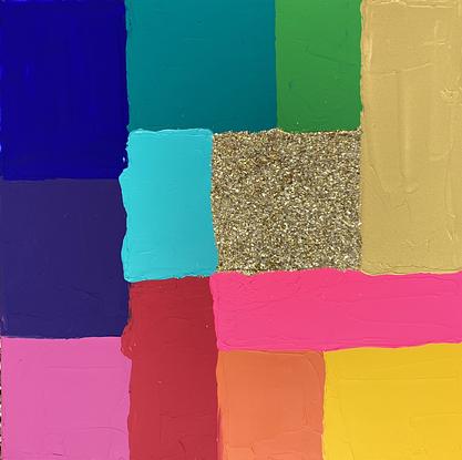 Big bold blocks of rainbow colours slathered on which surround a square of chunky gold glitter and highlighted with a touch of fluro pink.