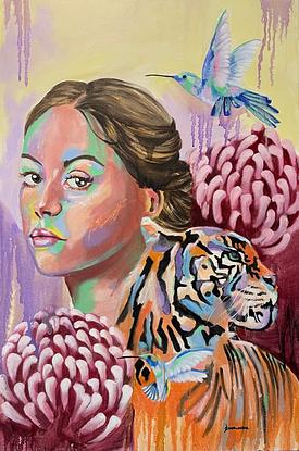 the painting is of a woman reflecting on the beauty all around her and the freedom of just being who she is. It incorporates the hummingbird and tiger, magnificent beings of flight and wild beauty