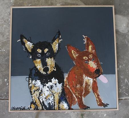 two kelpie dogs sitting on greyscale background