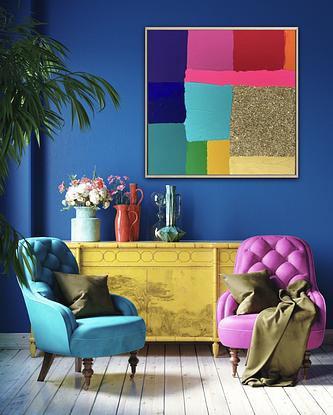 Abstract blocks of rainbow colour slathered on with a splash of gold glitter and touches of fluro