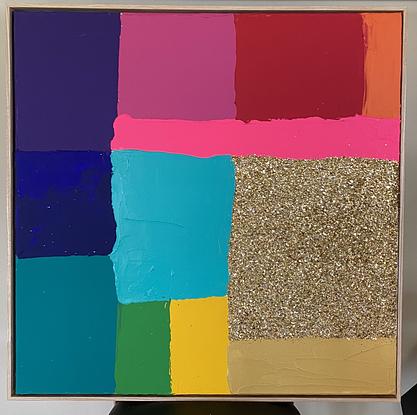 Abstract blocks of rainbow colour slathered on with a splash of gold glitter and touches of fluro