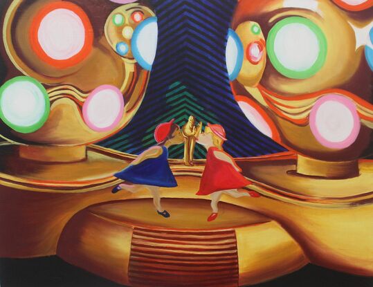 Cropped painting of a metallic party light focusing on dancing figurines