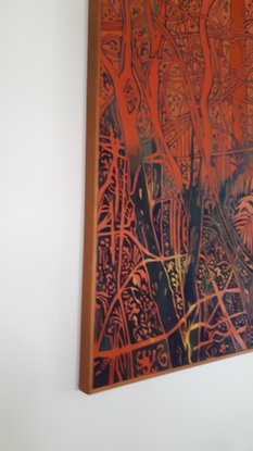 A Decorative rendition of Australian rainforest. No horizon, flat 2 dimensional graphic decorative. Lines and shapes, mostly analogous colours.