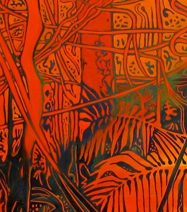 A Decorative rendition of Australian rainforest. No horizon, flat 2 dimensional graphic decorative. Lines and shapes, mostly analogous colours.