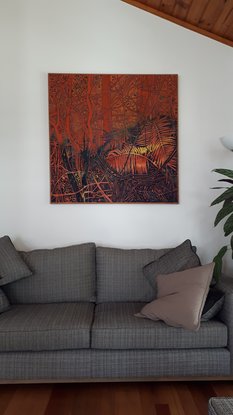 A Decorative rendition of Australian rainforest. No horizon, flat 2 dimensional graphic decorative. Lines and shapes, mostly analogous colours.