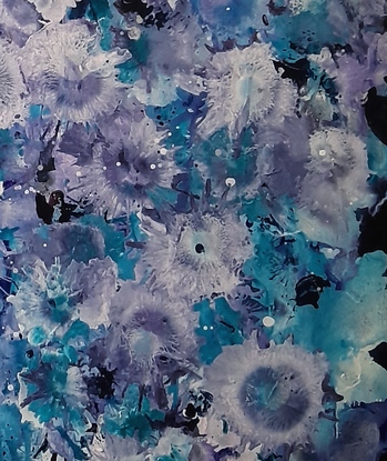 Bold blooms in violet, purples and turquoise set on a background of deep Prussian Blue 