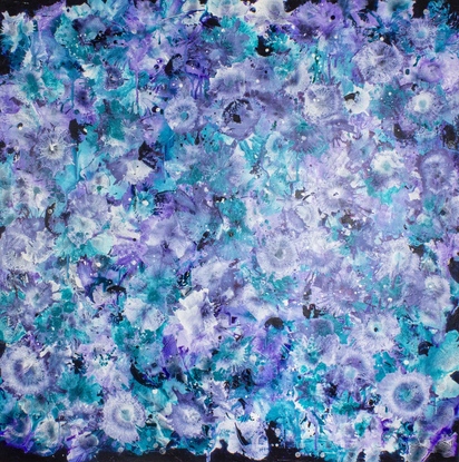 Bold blooms in violet, purples and turquoise set on a background of deep Prussian Blue 