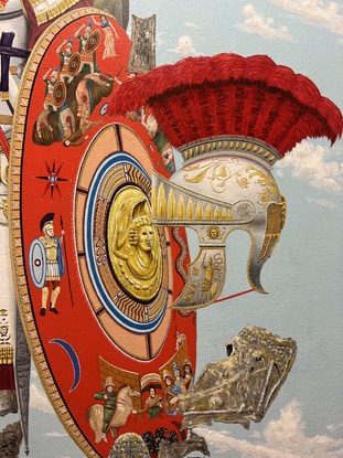 Ornate arms and armour of Ancient Rome. Intricate patterns and details set against a bright blue sky with many ribbons of white clouds.