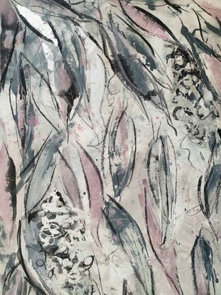 An abstract of Banksia flowers and leaves in blush pink, pale pink, silver leaf and grey blue..  