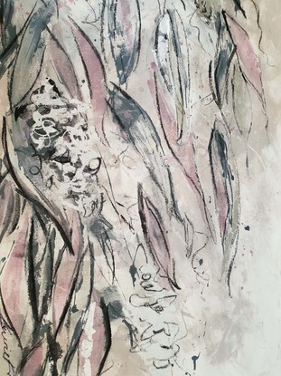 An abstract of Banksia flowers and leaves in blush pink, pale pink, silver leaf and grey blue..  