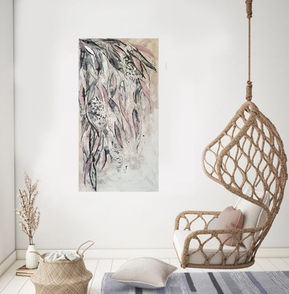 An abstract of Banksia flowers and leaves in blush pink, pale pink, silver leaf and grey blue..  