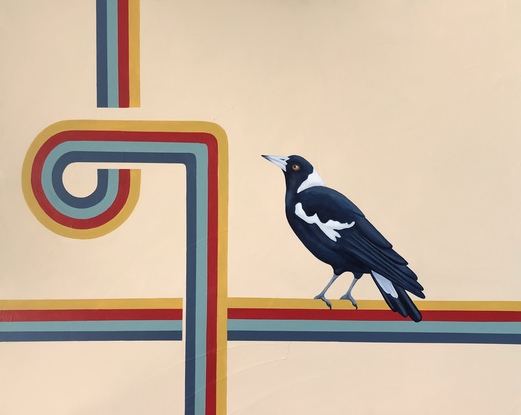 Magpie sitting on retro graphic stripes