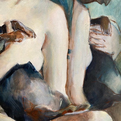 In the middle of the painting sits a woman with wavy hair holding a black and tan dog in her lap. The dog is leaning and covers the middle of her body. She is looking at the dog. On the right is a mirror with their reflection. The background is blue and green washes of paint. 