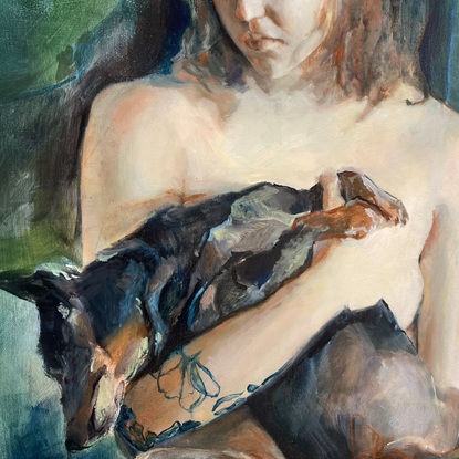 In the middle of the painting sits a woman with wavy hair holding a black and tan dog in her lap. The dog is leaning and covers the middle of her body. She is looking at the dog. On the right is a mirror with their reflection. The background is blue and green washes of paint. 