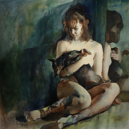 In the middle of the painting sits a woman with wavy hair holding a black and tan dog in her lap. The dog is leaning and covers the middle of her body. She is looking at the dog. On the right is a mirror with their reflection. The background is blue and green washes of paint. 