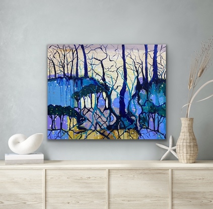 A stark forest set against glowing light. Spots of
Colour buzz like fireflies over the canvas and the trees twist and weave across the canvas. Teals and mauves against the shimmering yellow sky. 