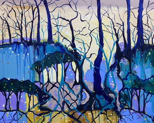 A stark forest set against glowing light. Spots of
Colour buzz like fireflies over the canvas and the trees twist and weave across the canvas. Teals and mauves against the shimmering yellow sky. 