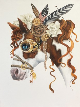 Pinto pony wearing an array of steampunk themed items, flowers, feathers, clocks, leather strapping with sprinkles of confetti styled sprays. All in the colour theme of browns, tans, blacks and whites