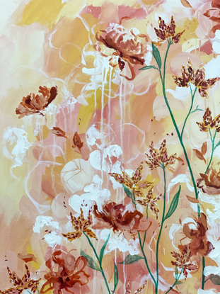 This painting features abstracted flowers and botanical forms as floating composition in the centre of a white canvas.  It is in a limited neutral palette featuring blush, ochre and olive tones.