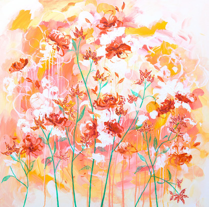 This painting features abstracted flowers and botanical forms as floating composition in the centre of a white canvas.  It is in a limited neutral palette featuring blush, ochre and olive tones.