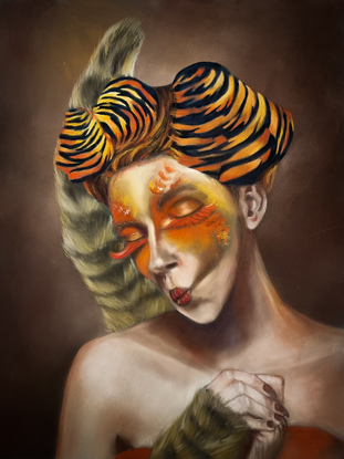 This portrait is inspired by combining 2 living things and a human. Coati and Golden Pheasant.