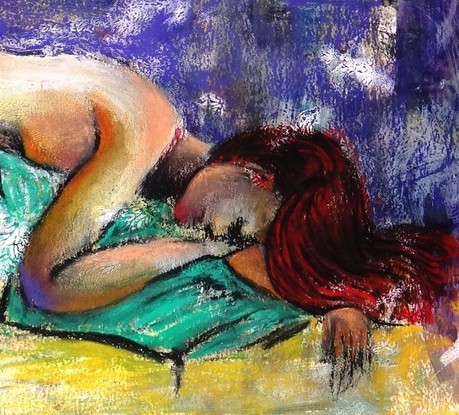 Relaxed life drawing model with red hair on a green rug with purple and gold background.   