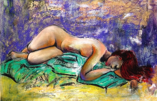 Relaxed life drawing model with red hair on a green rug with purple and gold background.   