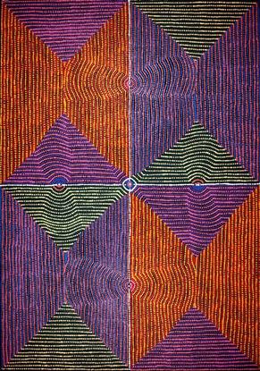 Aboriginal painting utilising circles, line and purple orange and green colours