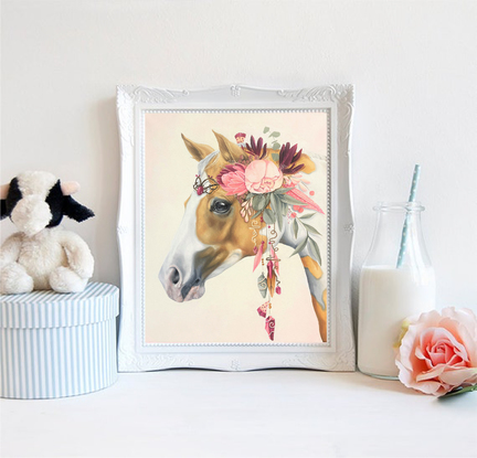 rose pink proteas, soft pink ruffled flowers , traditionally painted palomino pony, bouquet of pink and creamy flowers in a crown, creamy kind eyed palomino, palomino adorned with spray of pretty flowers, little girls decor, pretty pony , sweet pony face ,