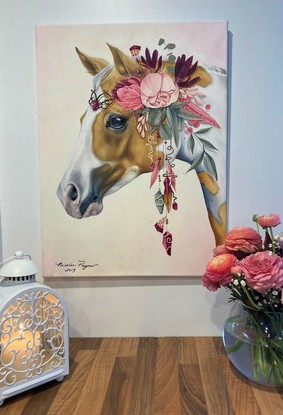 rose pink proteas, soft pink ruffled flowers , traditionally painted palomino pony, bouquet of pink and creamy flowers in a crown, creamy kind eyed palomino, palomino adorned with spray of pretty flowers, little girls decor, pretty pony , sweet pony face ,