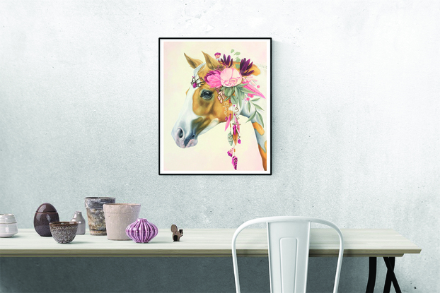 rose pink proteas, soft pink ruffled flowers , traditionally painted palomino pony, bouquet of pink and creamy flowers in a crown, creamy kind eyed palomino, palomino adorned with spray of pretty flowers, little girls decor, pretty pony , sweet pony face ,