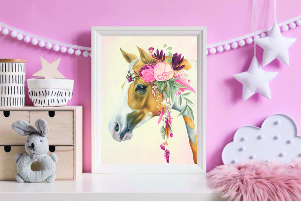 rose pink proteas, soft pink ruffled flowers , traditionally painted palomino pony, bouquet of pink and creamy flowers in a crown, creamy kind eyed palomino, palomino adorned with spray of pretty flowers, little girls decor, pretty pony , sweet pony face ,