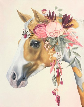 rose pink proteas, soft pink ruffled flowers , traditionally painted palomino pony, bouquet of pink and creamy flowers in a crown, creamy kind eyed palomino, palomino adorned with spray of pretty flowers, little girls decor, pretty pony , sweet pony face ,