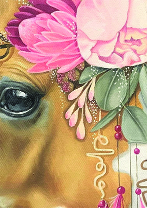 rose pink proteas, soft pink ruffled flowers , traditionally painted palomino pony, bouquet of pink and creamy flowers in a crown, creamy kind eyed palomino, palomino adorned with spray of pretty flowers, little girls decor, pretty pony , sweet pony face ,