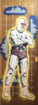 An image of a wrestler in a mask with a background made up of silhouettes of destroyer boats on a grid from the game Battleship