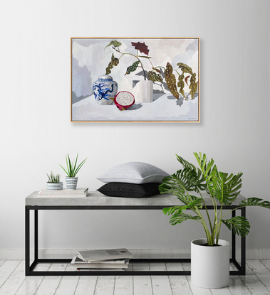 Chinese blue and white Ginger Jar, Dragon fruit and house plant arranged on a white background.