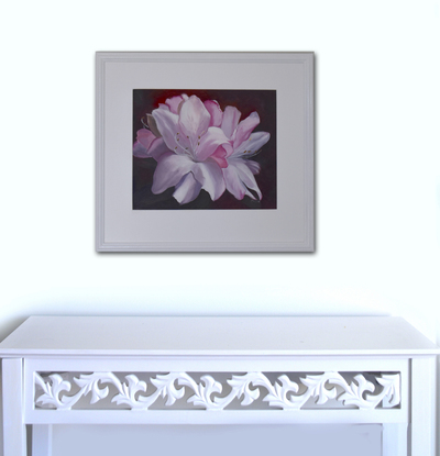 Painting of pink azalea flowers on a dark burgundy background.