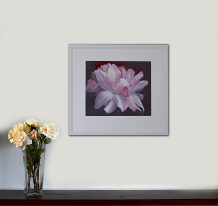 Painting of pink azalea flowers on a dark burgundy background.