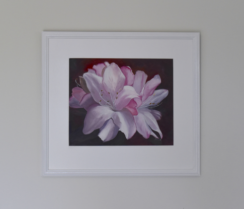 Painting of pink azalea flowers on a dark burgundy background.