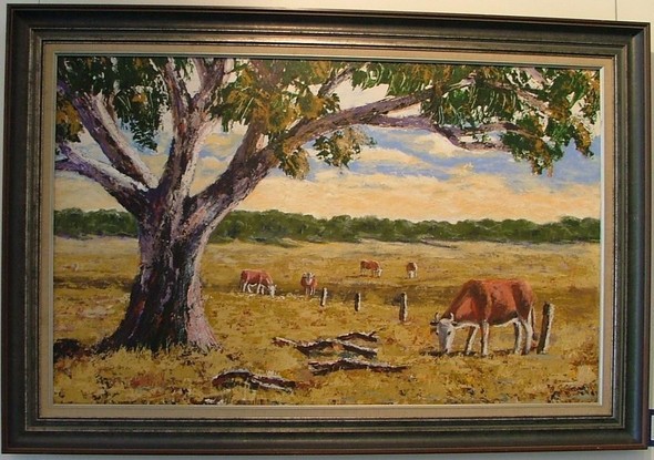 (CreativeWork) Cows Grazing by Garrie Clark. Acrylic. Shop online at Bluethumb.