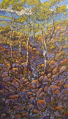 Earthy stylised landscape with rocky gully