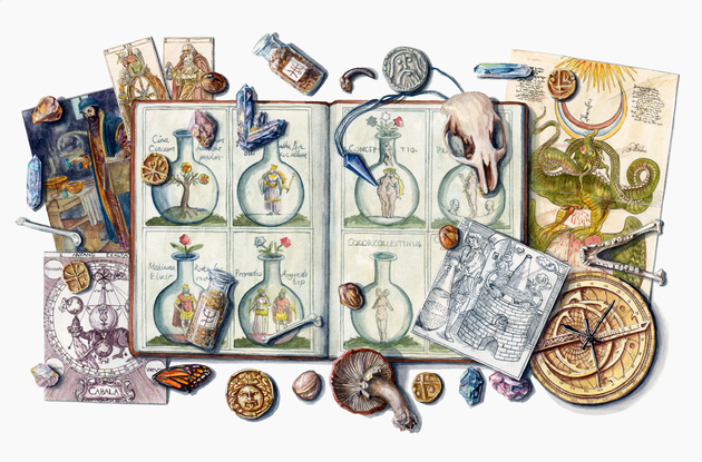 A trompe l'oeil of an open book with esoteric objects, magical images, and references to imagery surrounding. 